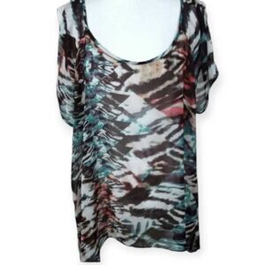 BCBGMAXAZRIA BLUE & BLACK COLD SHOULDER BLOUSE SZ.L EUC